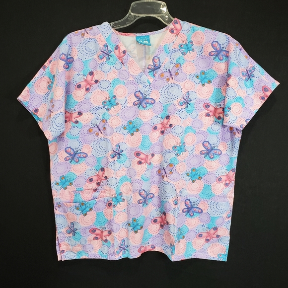 Scrub H.Q. Butterfly V-neck Print Scrub Top Size M - Picture 3 of 11